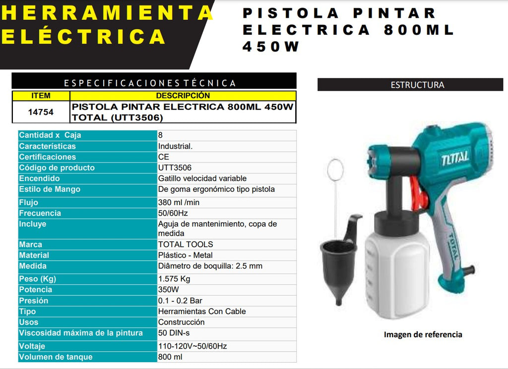 PISTOLA PINTAR ELECTRICA 800ML 450W TOTA
